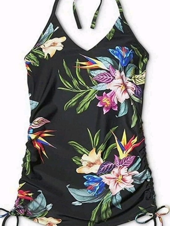 Kona Sol Tops - Black Tropical Floral Swim Top BAY ONE GET ONE FREE $15